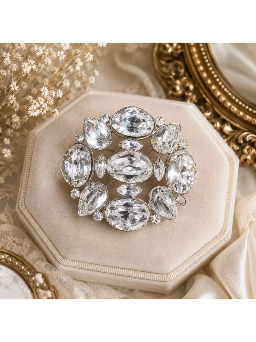 Vintage Monet Rhinestone Brooch Silver Tone Crystal Cluster Statement Pin